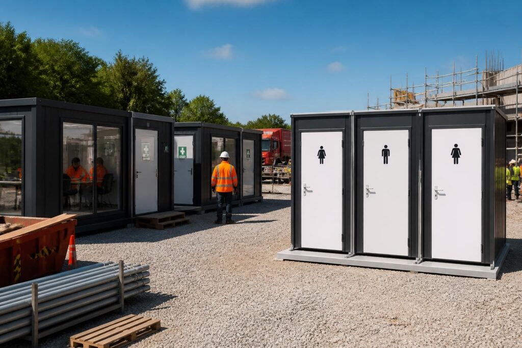 location de containers sanitaires et bungalows autonomes adaptés aux chantiers et événements, offrant des solutions pratiques, hygiéniques et modulables pour tous vos besoins temporaires.